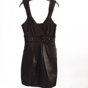 BCBGMaxAzria Black Metallic Satin Rosette Mini Dress Bubble Hem cocktail Party 0